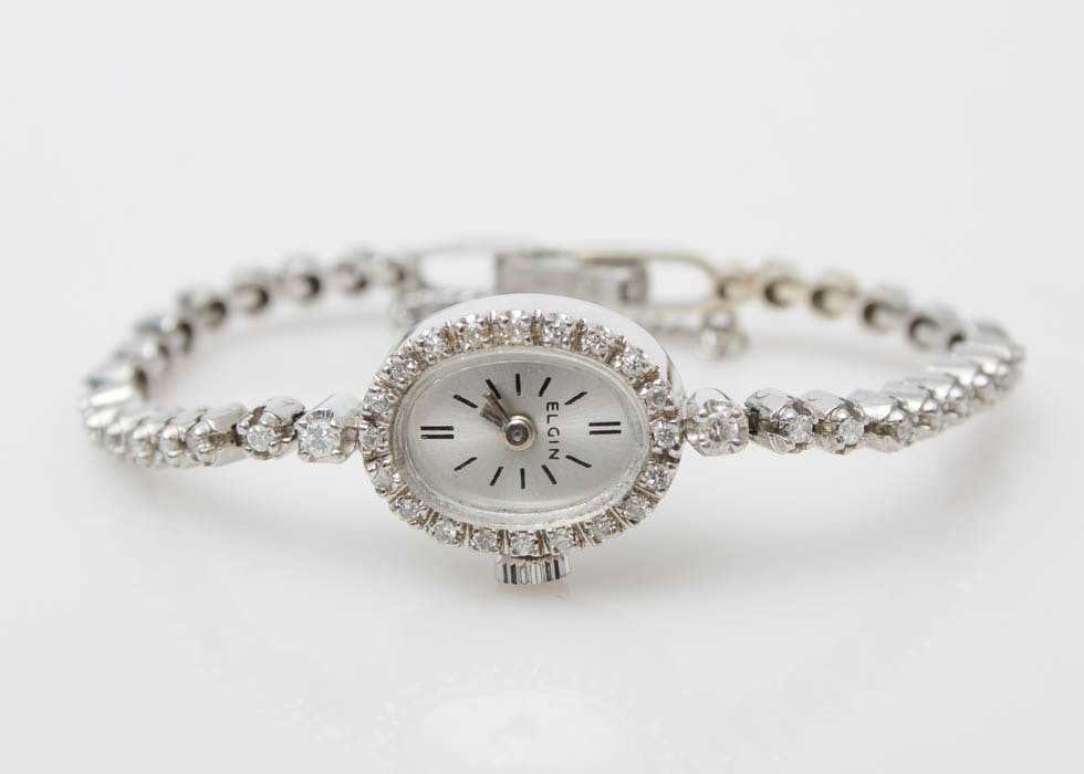 elgin white gold ladies wrist watch with diamonds